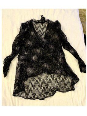 The Kooples Beautiful Black Lace Sparkle Embellished Ruffle Blouse Med